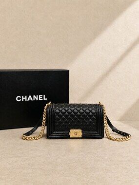 Chanel Gold Chain Black Quilted Lambskin Boy Medium Shoulder Bag